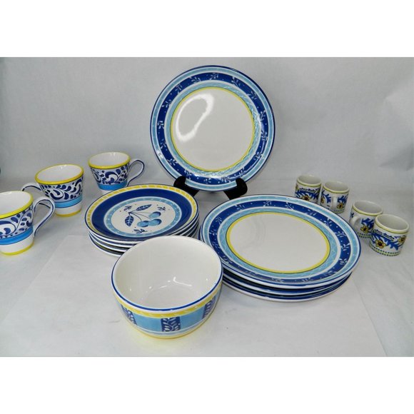 The Cellar Blue White Yellow Soup Cereal Bowl Diamond Vine Stripe Italy Inspired - Picture 6 of 7
